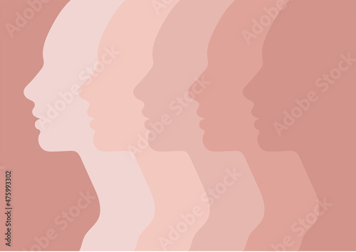 Female faces, silhouette in profile. People with different skin tones. A group of people of different nationalities and cultures. Society or population, social diversity. Vector illustration