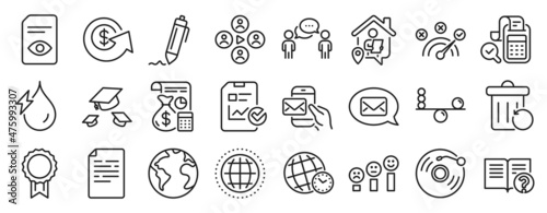 Set of Education icons, such as Globe, Balance, Accounting icons. Messenger mail, Video conference, Help signs. Bill accounting, Time zone, Messenger. Reward, Consulting business, Document. Vector