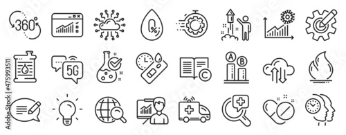 Set of Science icons, such as Web traffic, 5g internet, Chemistry lab icons. Cloud sync, Seo timer, Presentation signs. Oil barrel, Message, Internet search. Cloud network, Fire energy. Vector