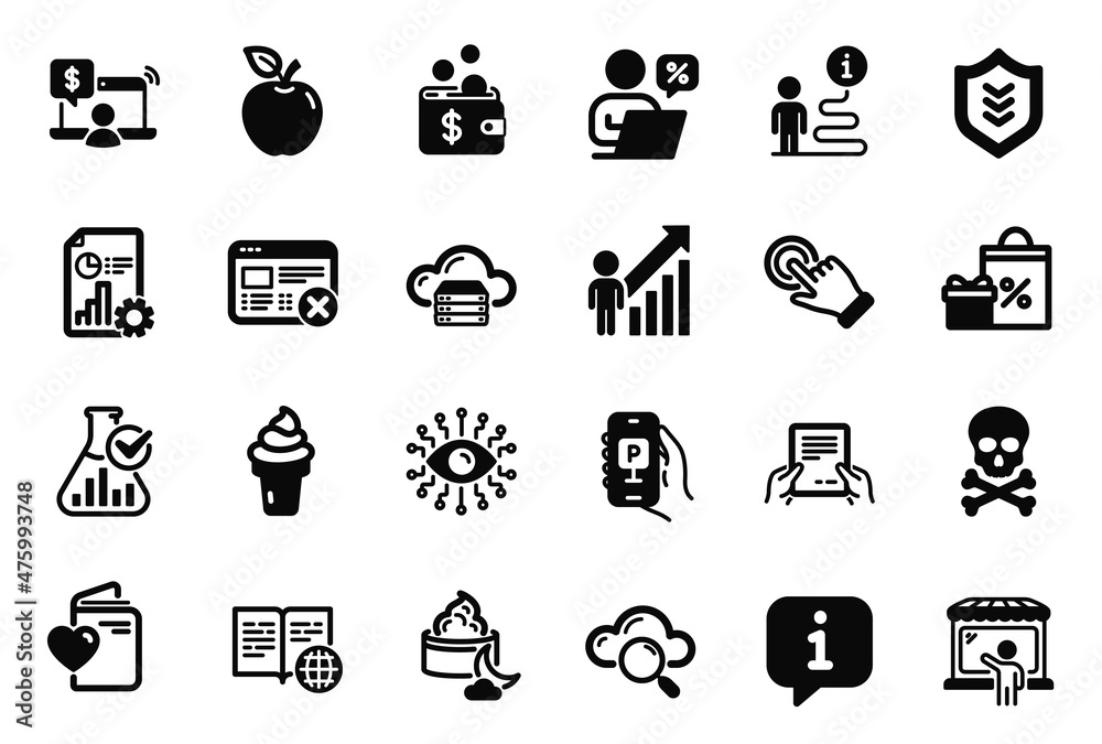 Vector Set of Business icons related to Cloud server, Ice cream and Online discounts icons. Employee result, Market seller and Chemistry lab signs. Parking app, Shield and Love document. Vector