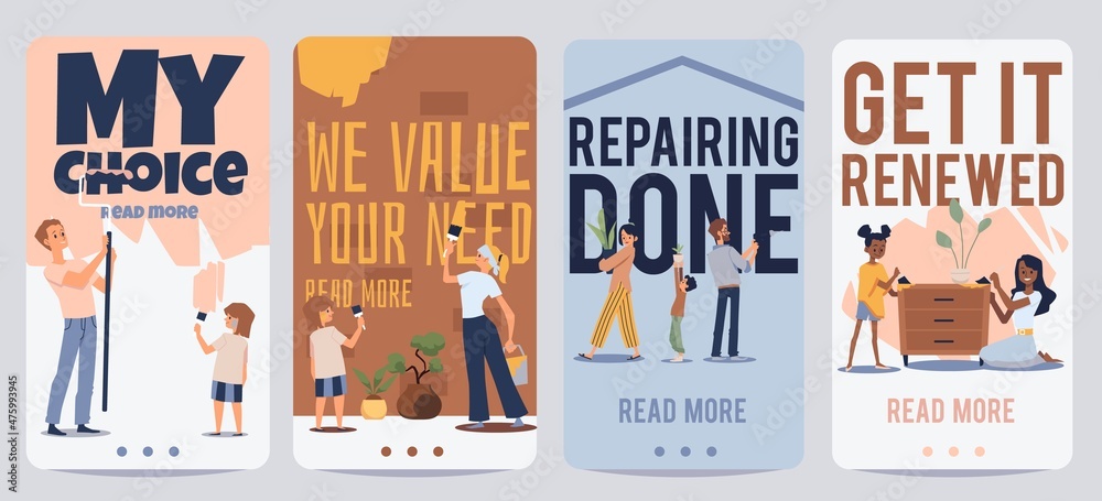 Mobile app onboarding kit with people repairing house vector illustration. Mobile app onboarding kit with people repairing house vector illustration.