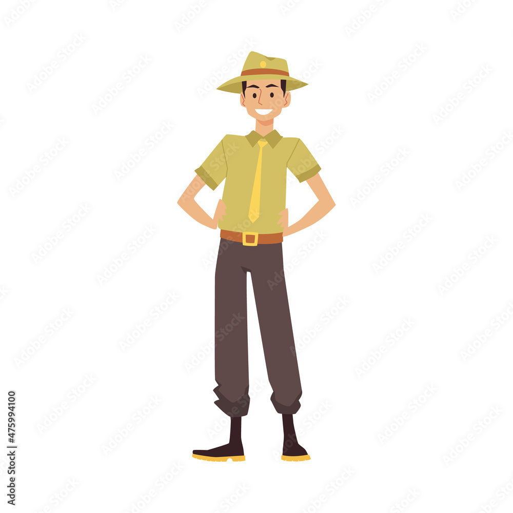 Ranger in uniform protects environment, forest. Cartoon male officer in flat