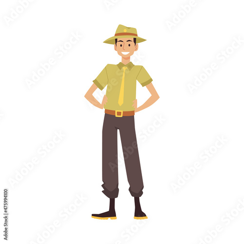 Ranger in uniform protects environment, forest. Cartoon male officer in flat