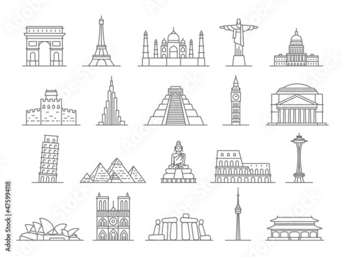 World landmarks line icons, big ben, eiffel tower and pyramids. Europe famous monuments, italy, france and england travel places vector set