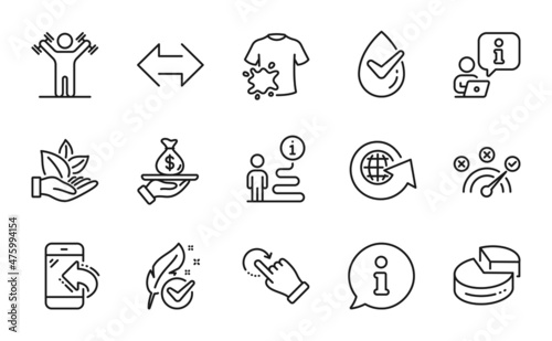 Business icons set. Included icon as Correct answer, Rotation gesture, Loan signs. Pie chart, Dumbbells workout, World globe symbols. Dermatologically tested, Sync, Incoming call. Vector