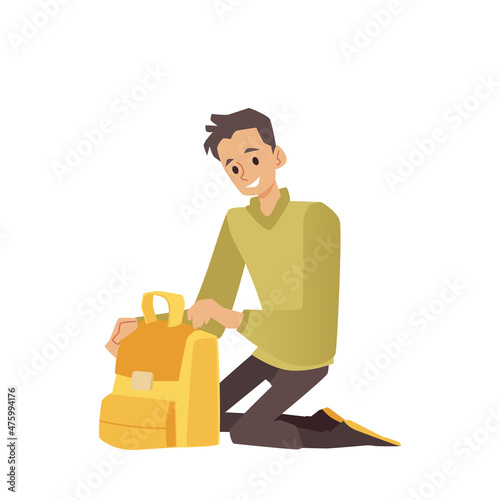 Tourist packing backpack for journey, flat cartoon vector illustration isolated.