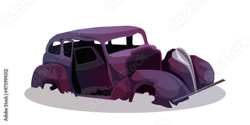 Cartoon burned passenger car after cataclysm or explosion. Destroyed transportation in war zone. Abandoned broken old automobile after natural disaster or earthquake isolated on white background.