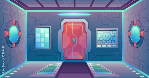 Fototapeta Naklejka Na Ścianę i Meble -  Cartoon futuristic spaceship corridor with door, panels and portholes. Space game sci-fi interior background. Cosmos station vector scene