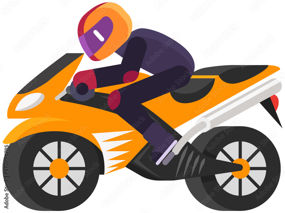 Biker rides motorcycle along city road. Motorcyclist riding vehicle. Male  character drives motorbike isolated on white background. Man in racer  overalls and helmet sitting on sports bike side view Stock-vektor | Adobe