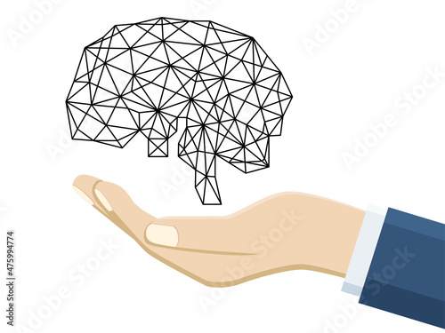 ジオメトリックの手の上に浮かぶ頭脳のイラスト　AI　テクノロジーイメージ　グラフィック素材　Brain, geometric