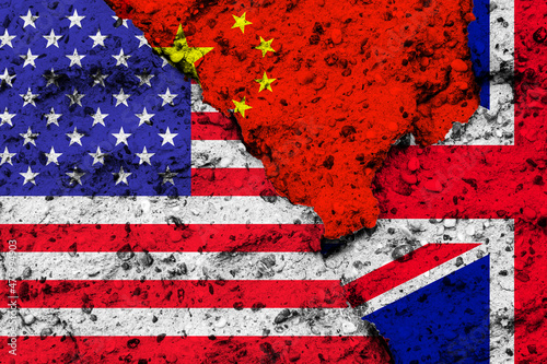 Concept of the Relationship between the United States of America, China and the United Kingdom with Flags on a Wall