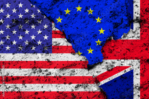 Concept of the Relationship between the United States of America, the European Union and the United Kingdom with Flags on a Wall
