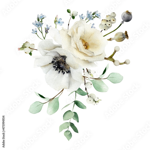 Photo Hand-drawn floral arrangement with anemone, white rose, blue flowers, eucalyptus leaves