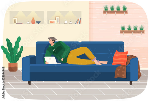 Man lying on couch with computer, holding laptop and correspondence surfing in Internet. Male character communicating with friends, studying remotely, sitting on sofa, relaxing, resting after work