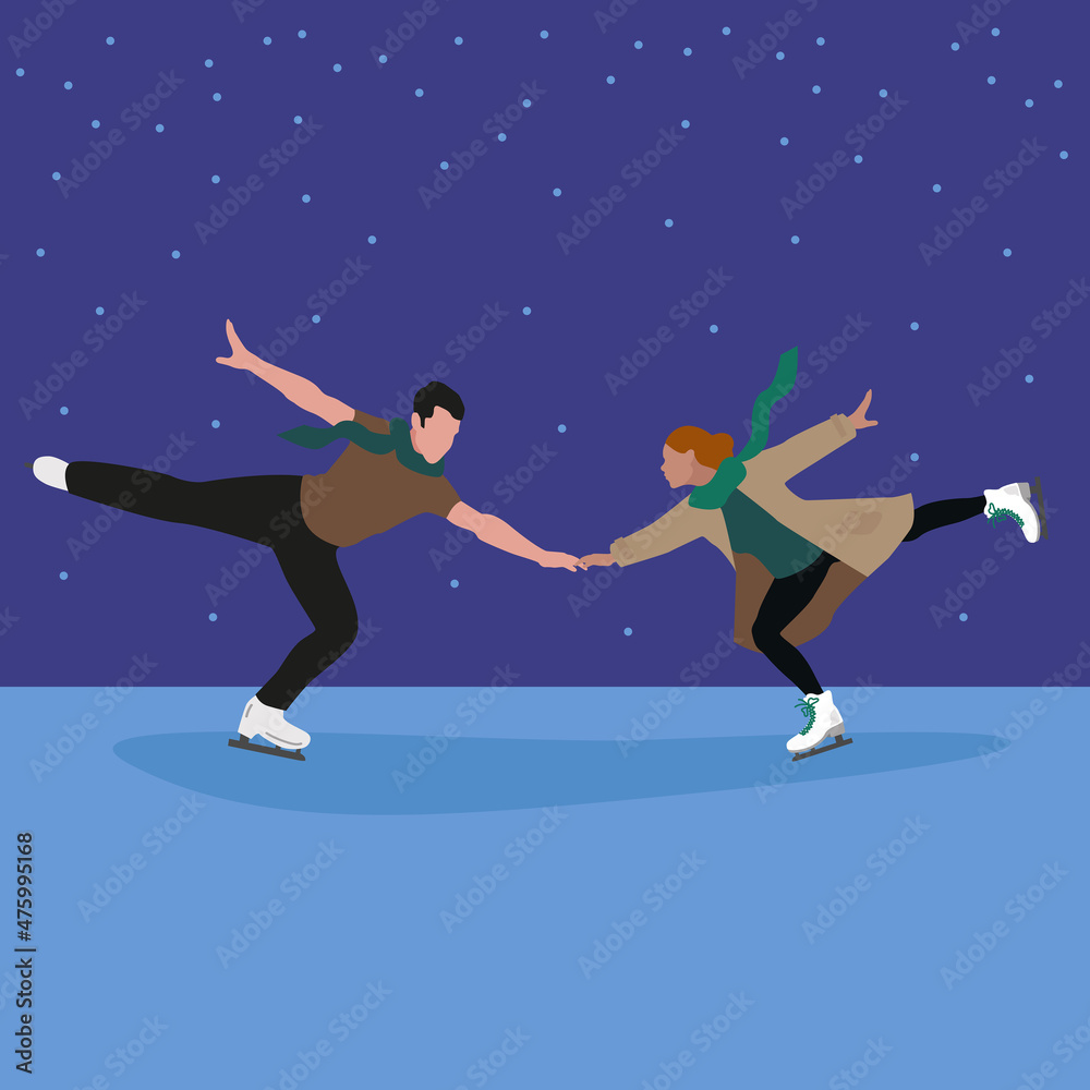 Cartoon flat vector illustration young couple ice skating. Figure skating competition.