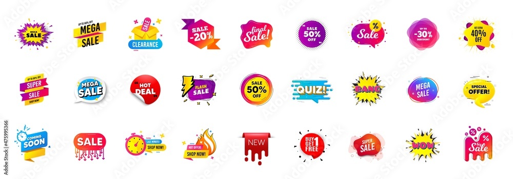 Fototapeta premium Best sale offer banners. Discounts price deal stickers. Special offer 3d bubble. Promotion sale tag coupons. Quiz bubble banner. Best discount deal sticker templates. Promotion Ad labels. Vector
