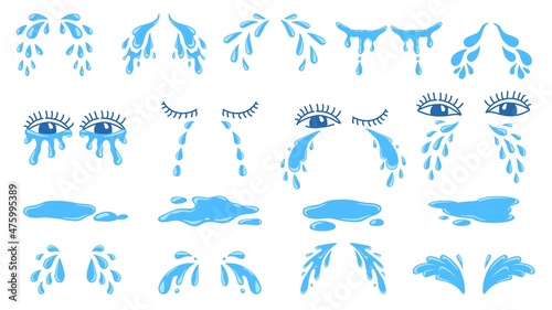 Cartoon puddles, tears, drops or sweat, crying eyes. Water droplets. Pain, cry, despair or sad emotion expression. Comic teardrop vector set