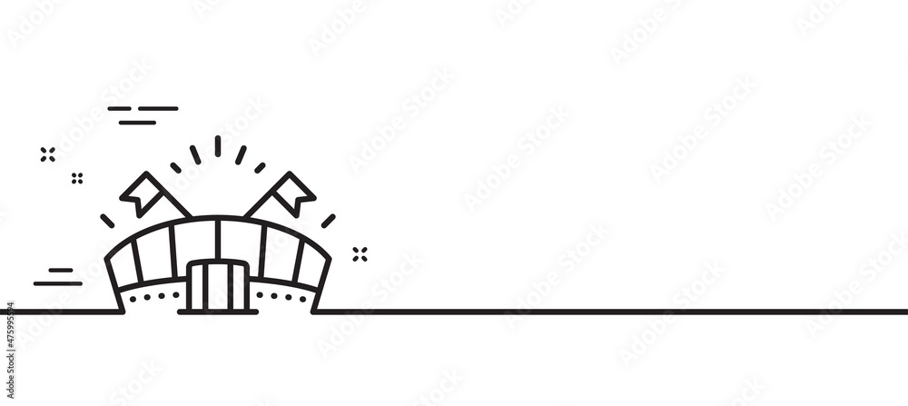 Sports arena line icon. Stadium with flags sign. Sport complex symbol. Minimal line illustration background. Sports arena line icon pattern banner. White web template concept. Vector Sports arena line icon. Stadium with flags sign. Sport complex symbol. Minimal line illustration background. Sports arena line icon pattern banner. White web template concept. Vector