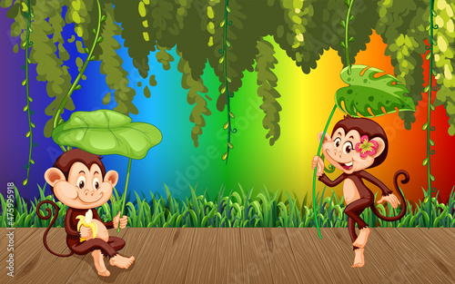 Monkey in the forest on gradient rainbow background
