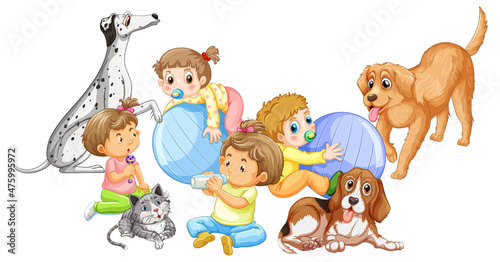 Cute babies group and dogs on white background
