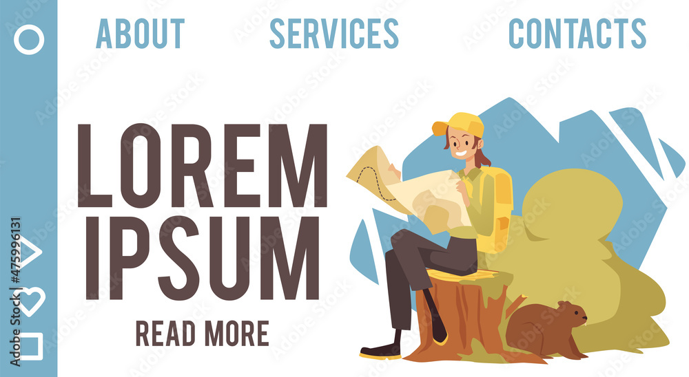 Vector Illustration horizontal banner for National Park website. Woman Park Ranger Officer sit on tree stump on trail. Vector Illustration horizontal banner for National Park website. Woman Park Ranger Officer sit on tree stump on trail.