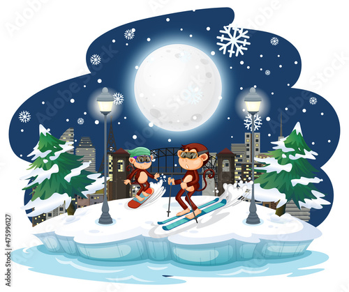 Monkey skiing in the snow at night scene