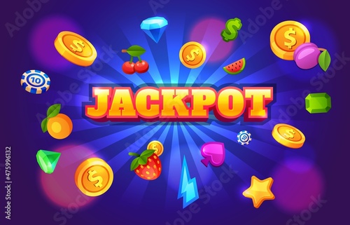 Gambling slot machine winning background with casino symbols. 777 game jackpot screen with flying coins. Cartoon money prize vector concept