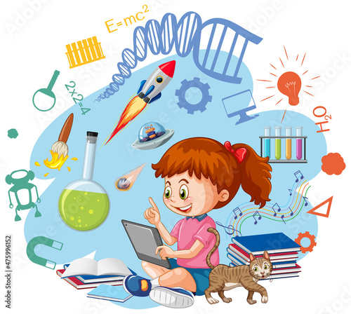 Young girl using tablet with education icons