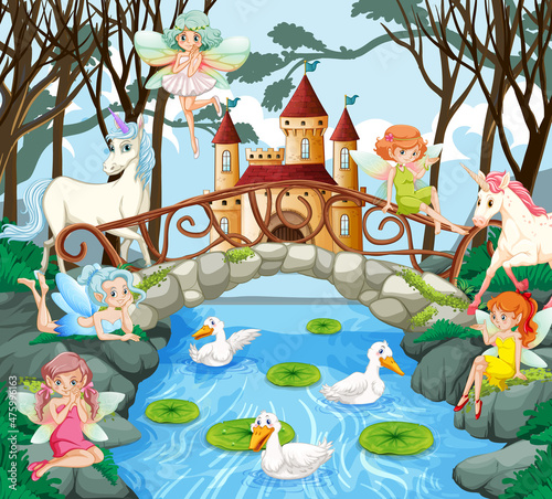 Fantasy forest with cute fairies