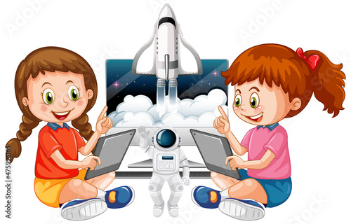 Young girls using tablet with spaceship