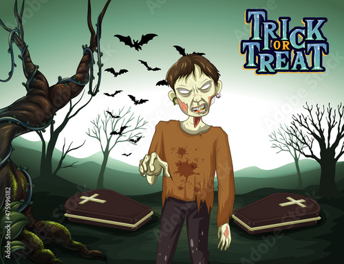Creepy zombie on forest cemetery background
