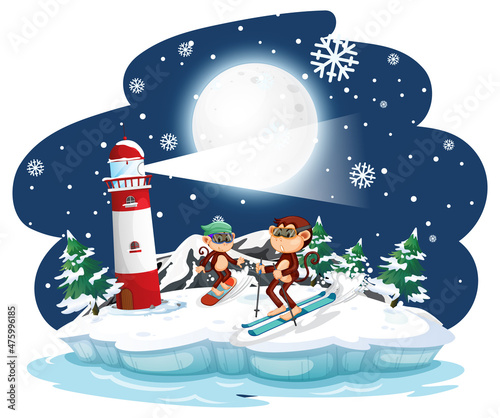 Monkey skiing in the snow at night scene