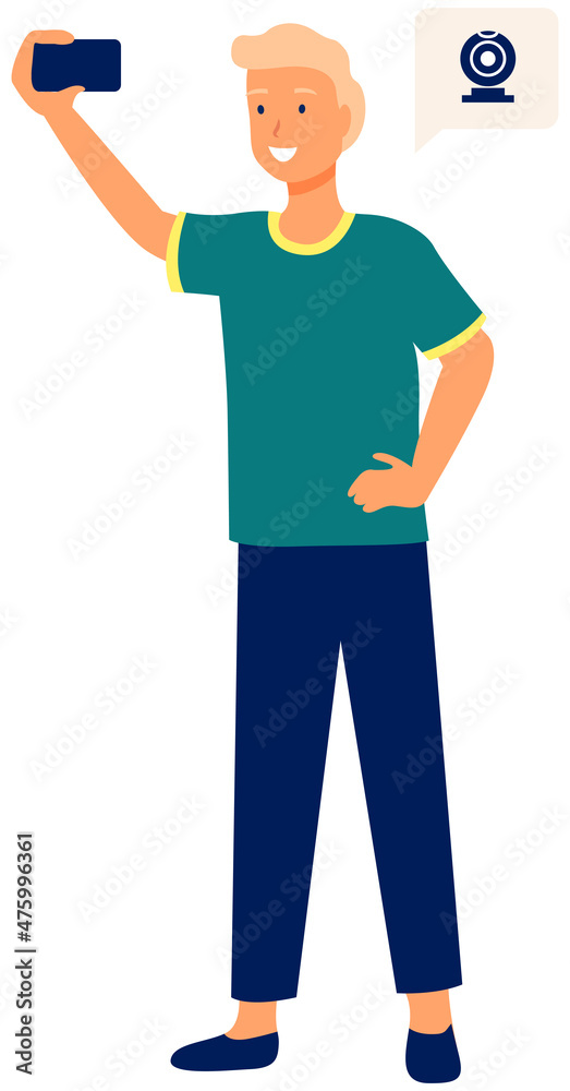 Selfie concept with young man standing and make self portrait with mobile phone camera in flat style. Guy communicates on video conference call using smartphone., taking pictures of himself on phone Selfie concept with young man standing and make self portrait with mobile phone camera in flat style. Guy communicates on video conference call using smartphone., taking pictures of himself on phone