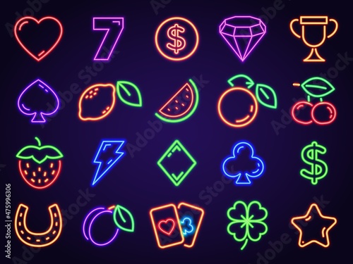 Vegas casino neon slot icons for signs and decor. Glowing gambling game symbols 7, cards, fruits, coin, cherry and lucky clover vector set
