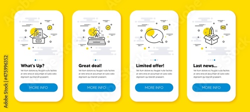 Vector set of Documents box, Approved message and Typewriter line icons set. UI phone app screens with line icons. Startup icon. Bureaucracy, Accepted chat, Inspiration. Innovation. Vector