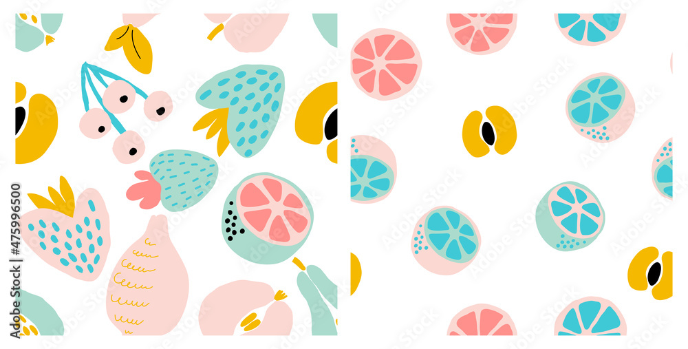 Abstract fruit seamless pattern set. Modern cutout figures tropical illustration. Collage contemporary print, hand drawn fruits, berries. Graphic pattern apples, strawberry, peach, pear and pineapple. Abstract fruit seamless pattern set. Modern cutout figures tropical illustration. Collage contemporary print, hand drawn fruits, berries. Graphic pattern apples, strawberry, peach, pear and pineapple.