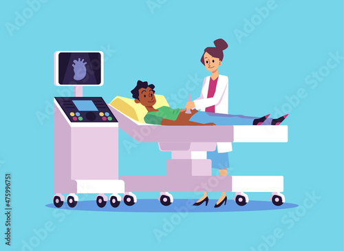 Female doctor scans heart of African boy. Ultrasound of cardiovascular system