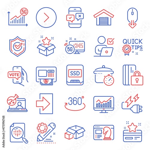 Technology icons set. Included icon as Boiling pan, Quick tips, Analytics chart signs. Electricity plug, Packing boxes, Ssd symbols. Online voting, Scroll down, Forward. Project edit, Atm. Vector