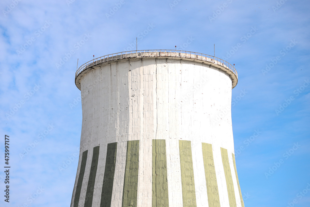 Close up photography of Large white thermal power plant chimney. Close up photography of Large white thermal power plant chimney.