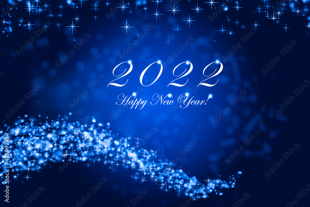Happy New Year 2022. Sparkling burning numbers Year 2022 with stars and bokeh on blue background. Happy New Year 2022. Sparkling burning numbers Year 2022 with stars and bokeh on blue background.