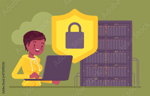 Data center server, cloud security, system administrator working with database. Female sysadmin, admin busy to install, upgrade computer component, software. Vector flat style cartoon illustration