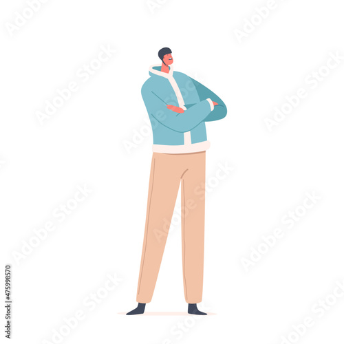Man Wear Bicyclist Helmet Stand with Crossed Arms Isolated on White Background. Sportsman, Athlete with Unhappy Face