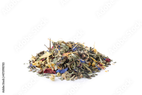 Dry floral tea isolated on white background