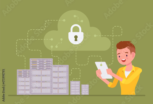 Data center server, cloud security, man maintaining computer database system. Information storage, server technical management, software, network infrastructure. Vector flat style cartoon illustration photo
