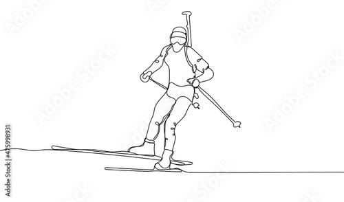 Continuous one line drawing of biathlon athlete. Skiing and shooting competition. Winter season sport.  Vector illustration