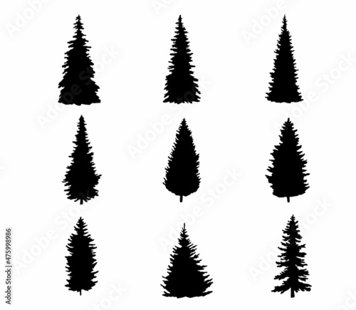 Set of Silhouette of pine tree. Shape of Christmas tree isolated on white background