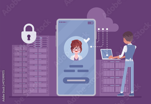 Data center server cloud, mobile application development for smartphone. Male sysadmin, young admin programming, computing network connection and security. Vector flat style cartoon illustration