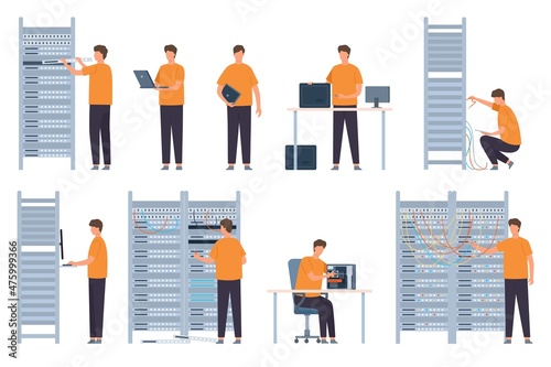 Flat server and computer repairman, technicians and system administrators. Data servers network maintenance and support workers vector set