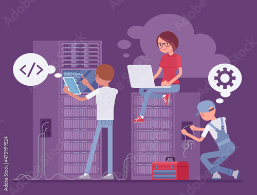 Data center server cloud support crew, system administrators at work. Technical team installing, configuring hardware, software, professional computer help. Vector flat style cartoon illustration