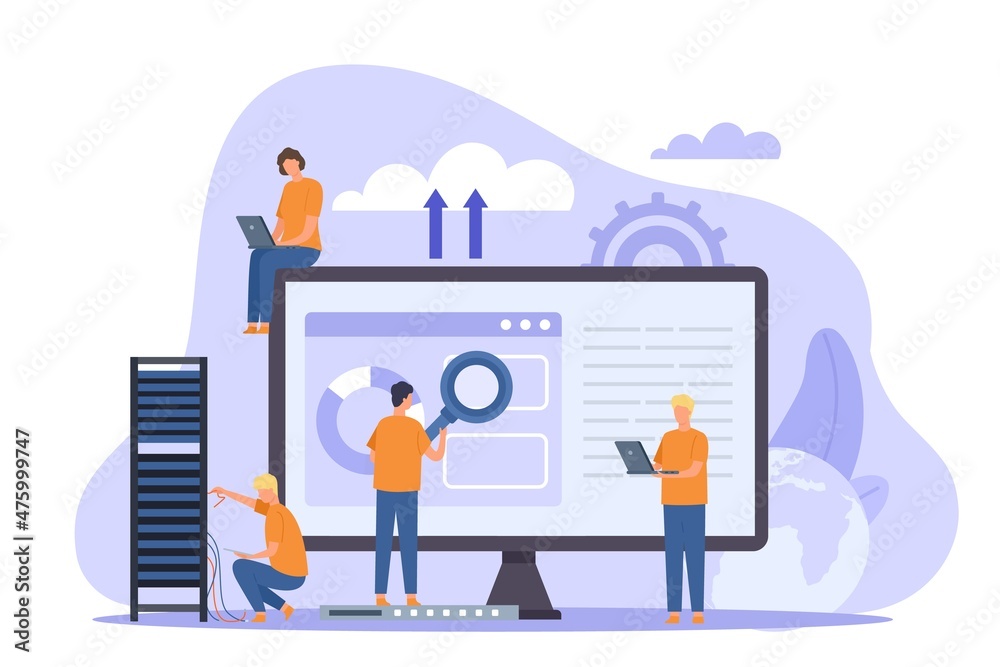 Web hosting or cloud computing poster with system admins. People maintain data technology software. Database storage service vector concept - obrazy, fototapety, plakaty 